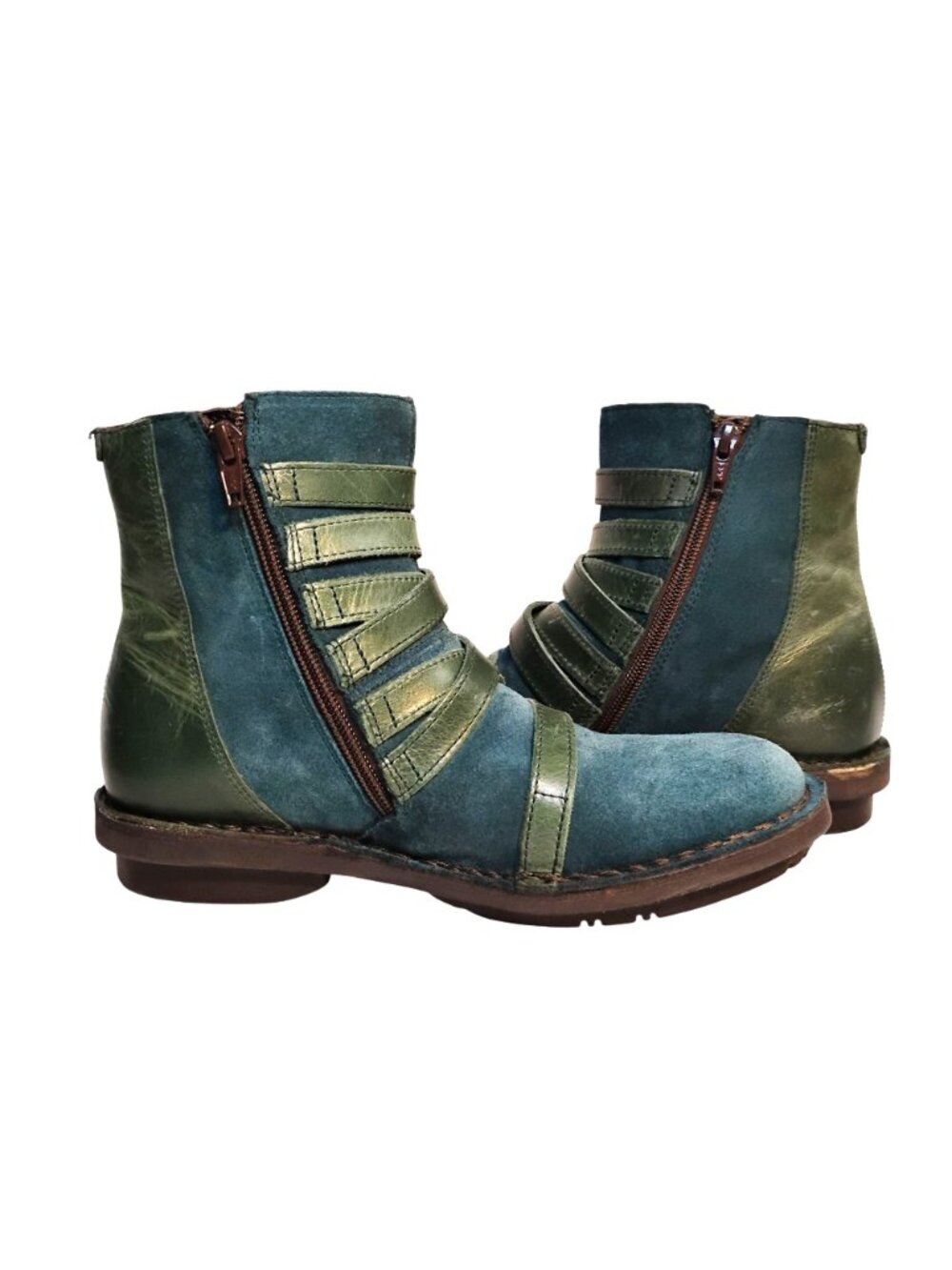 FLY LONDON Womens 7.5/ 38 Blue Suede & Leather Ankle Boots Side Zip - Picture 6 of 11